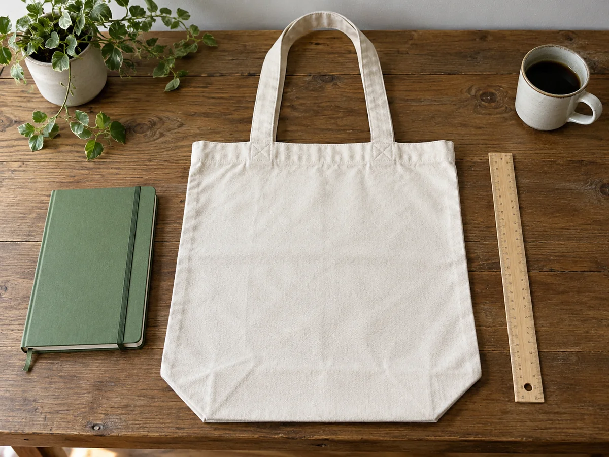 A plain tote laid flat beside a ruler and everyday notebook for scale, full bag outline visible, no written dimensions.