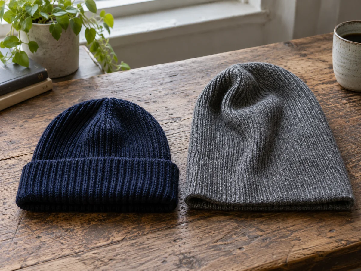 Two plain rib-knit beanies laid side by side, a compact folded-cuff beanie and a longer slouchy beanie.
