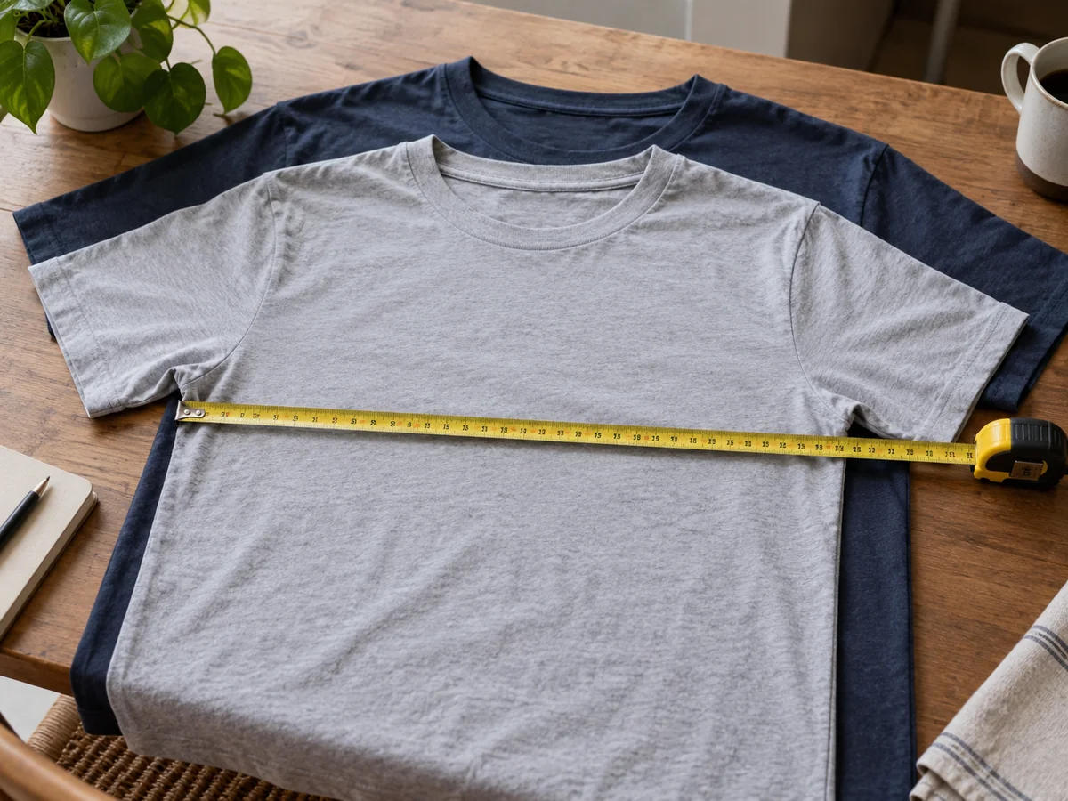 Two similar plain shirts of slightly different sizes stacked offset on a table, measuring tape across the chest widths.