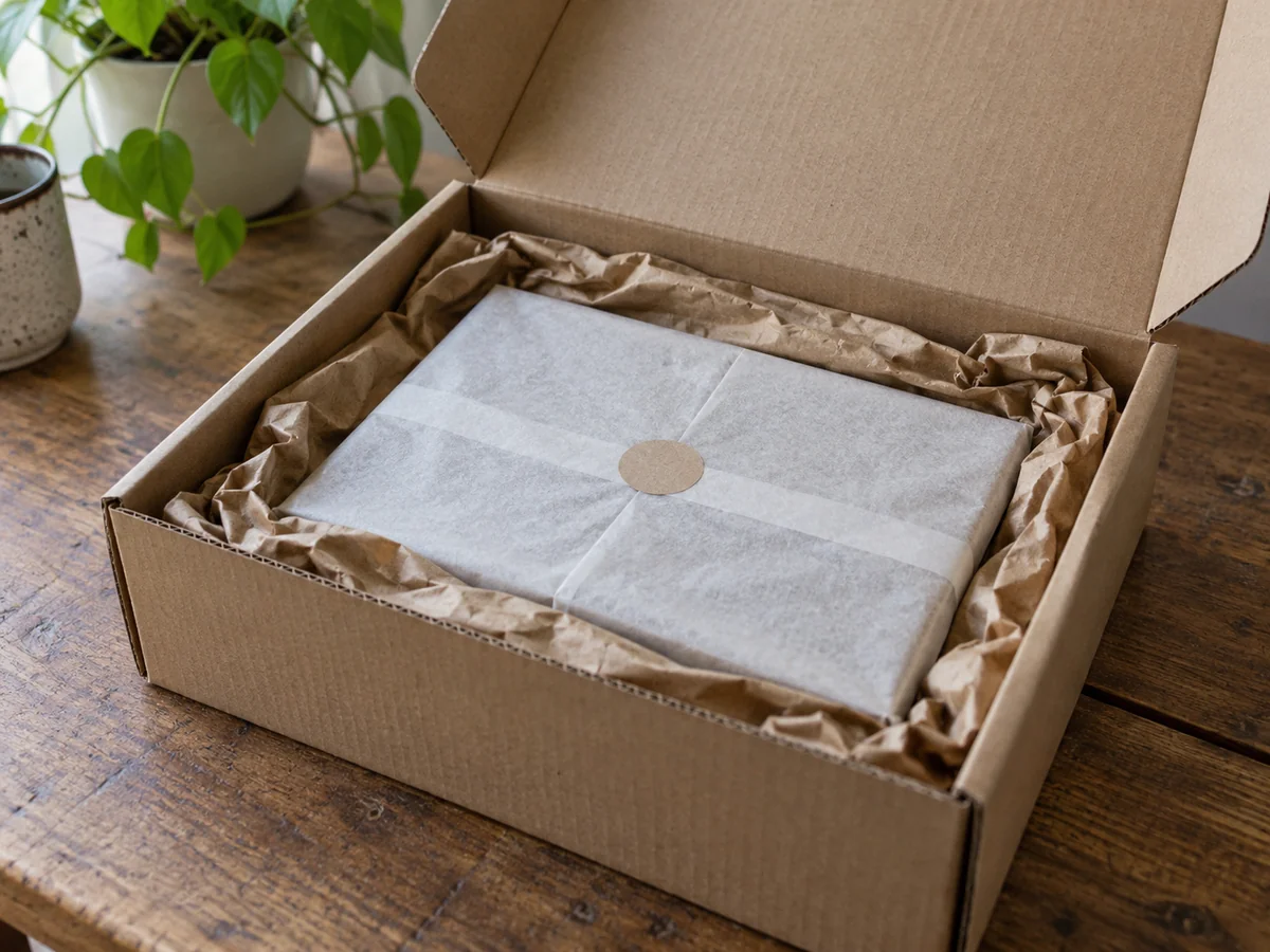 A sturdy flat notebook wrapped in tissue in a small corrugated shipping box with protective paper around it, ready for long-distance postage.