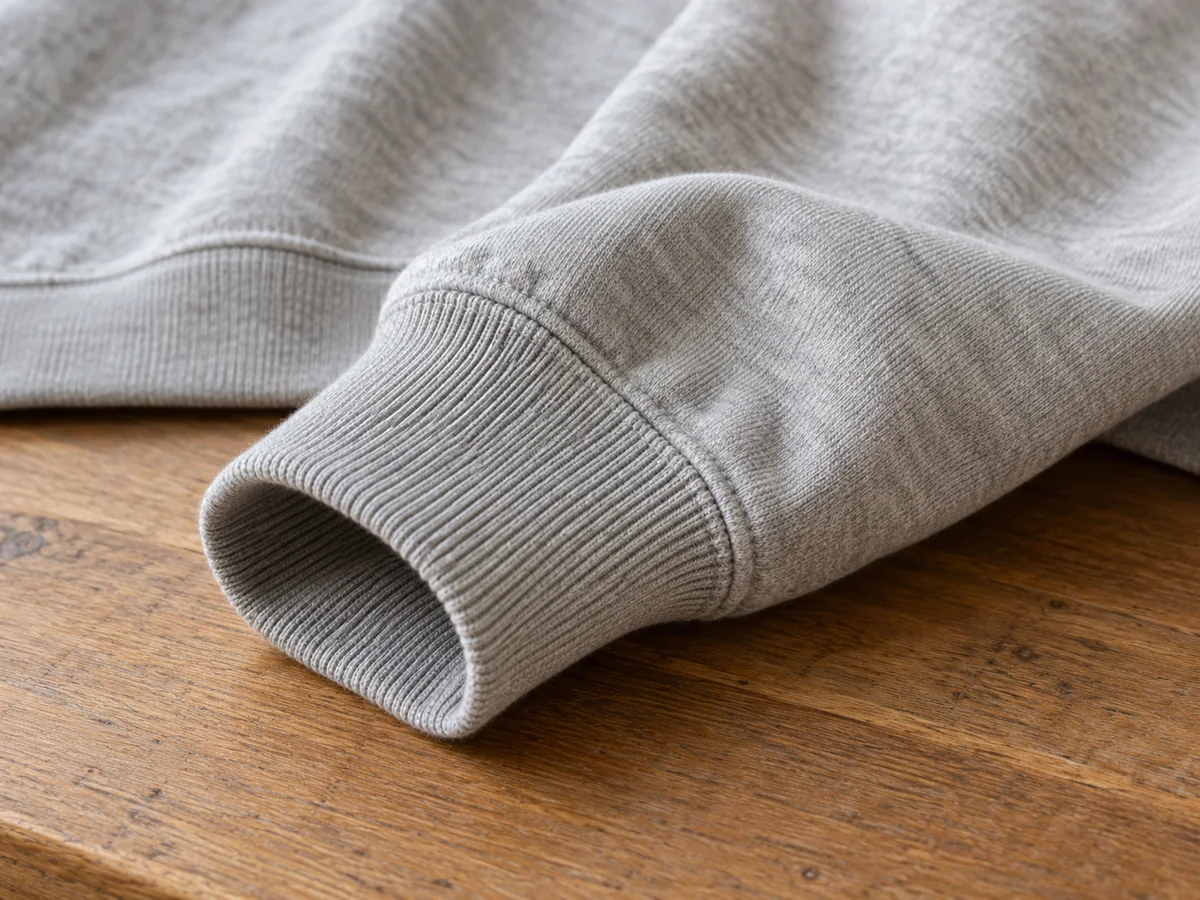 Close-up of a sweatshirt wrist cuff in ribbed cotton with sleeve fabric softly folded beside it, no hands stretching it.