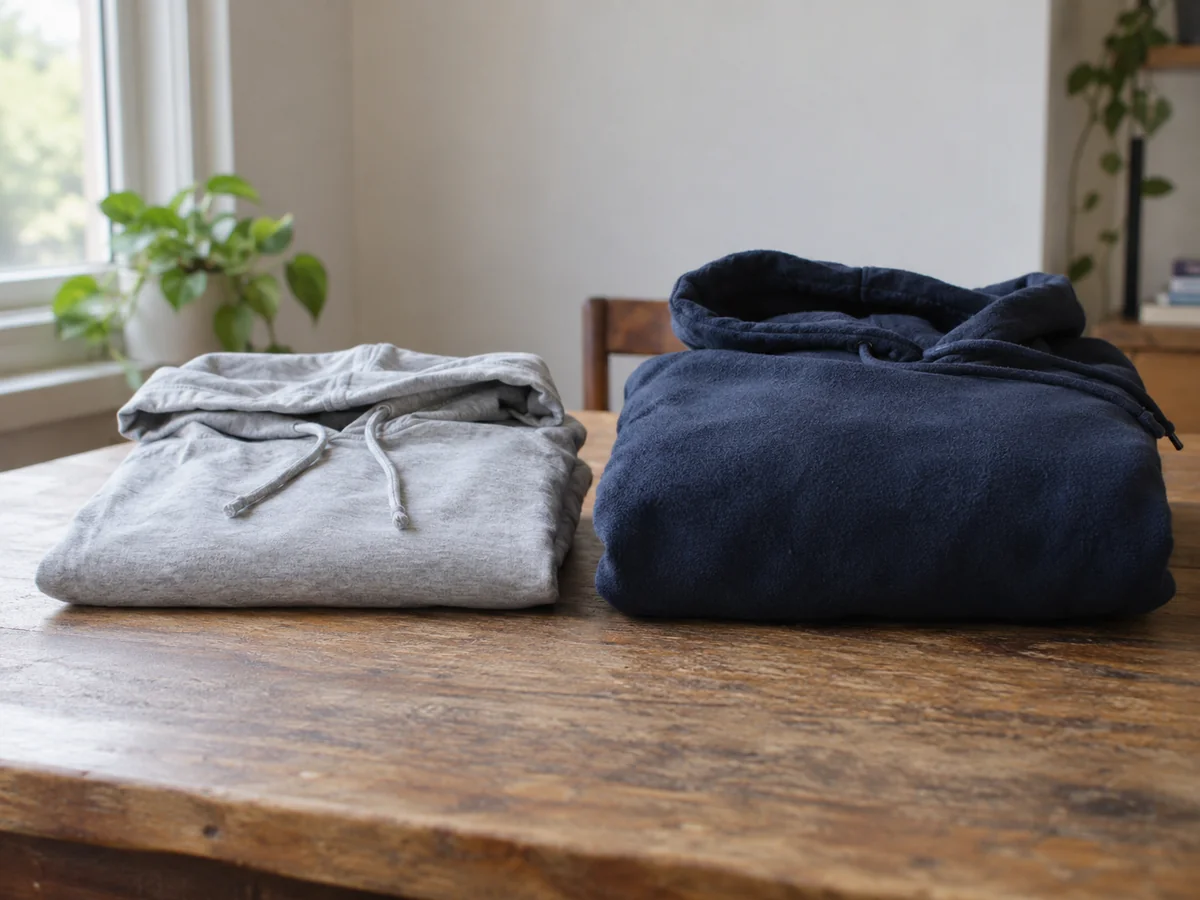 Two folded plain hoodies, one lightweight thin jersey and one thick fleece, their folded edges showing contrasting bulk.
