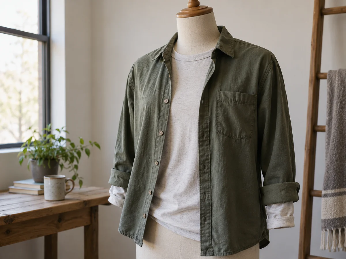A thin plain long-sleeve shirt partly layered under an open overshirt on a torso mannequin, cuff and neckline visible.