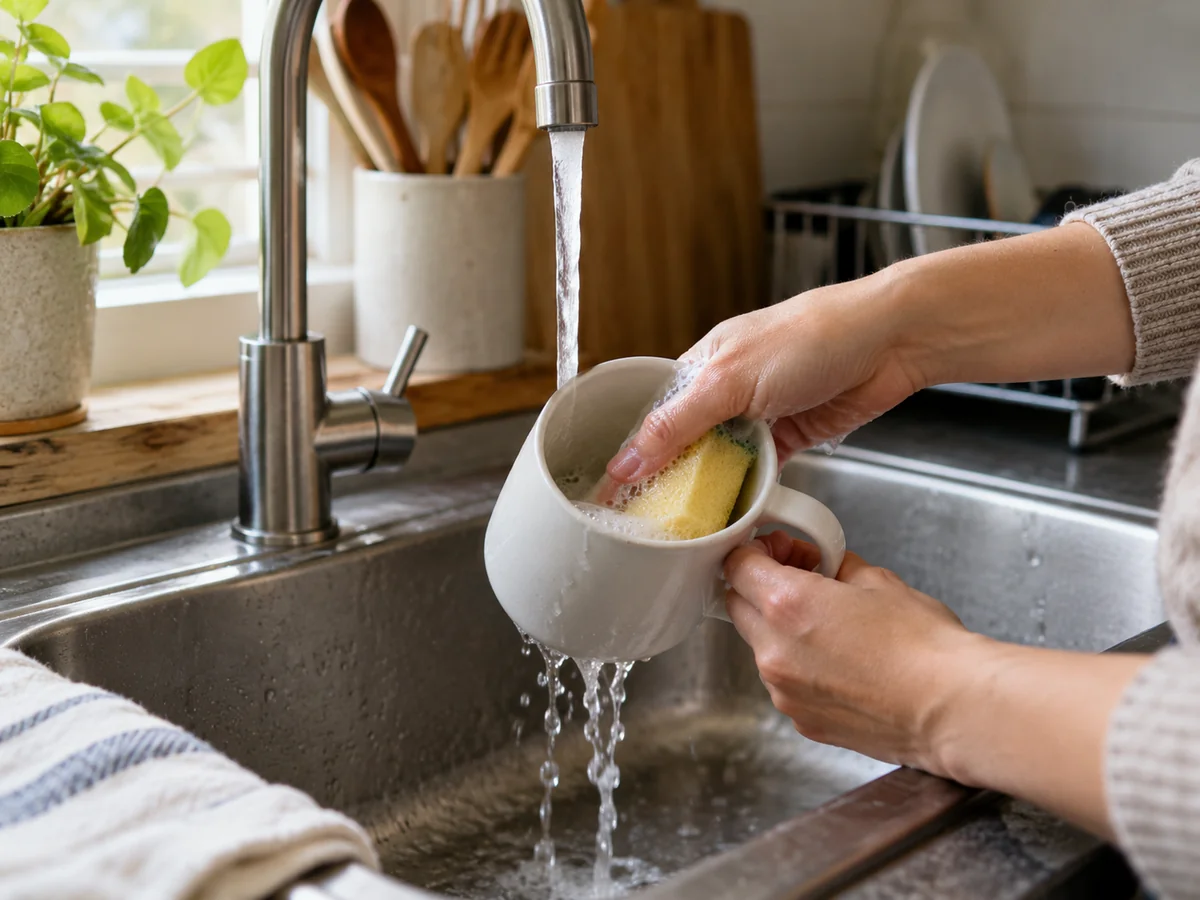 Hands gently washing the inside of a plain ceramic mug with a soft sponge under a kitchen tap, no abrasive scourers.