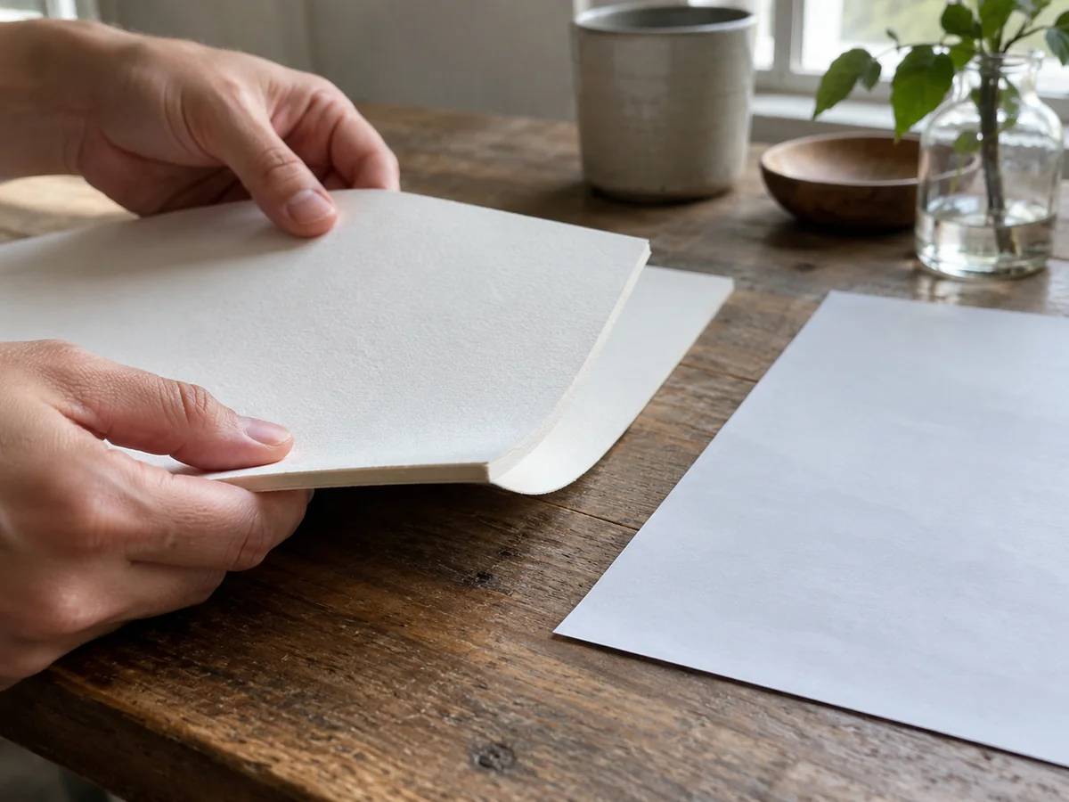 Hands lightly bending the edge of a blank heavy art paper sheet beside a thinner poster sheet, paper thickness visible, no printing text.