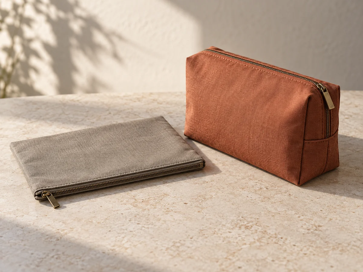 A slim grey flat zip pouch beside a rust-coloured box-shaped pouch with a rectangular gusset.