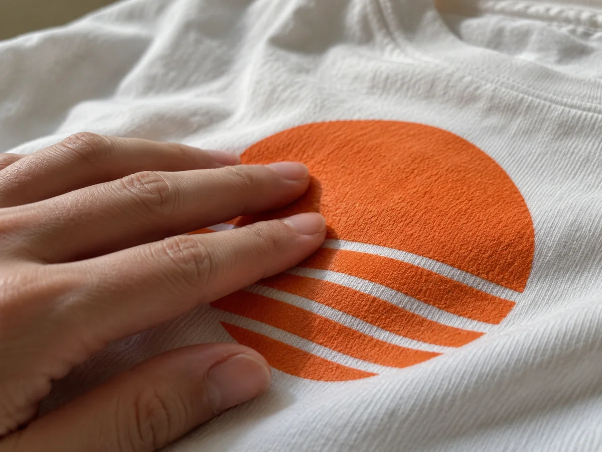 Macro view of a hand lightly feeling a raised simple orange geometric screen print on a cotton T-shirt, textile texture visible.