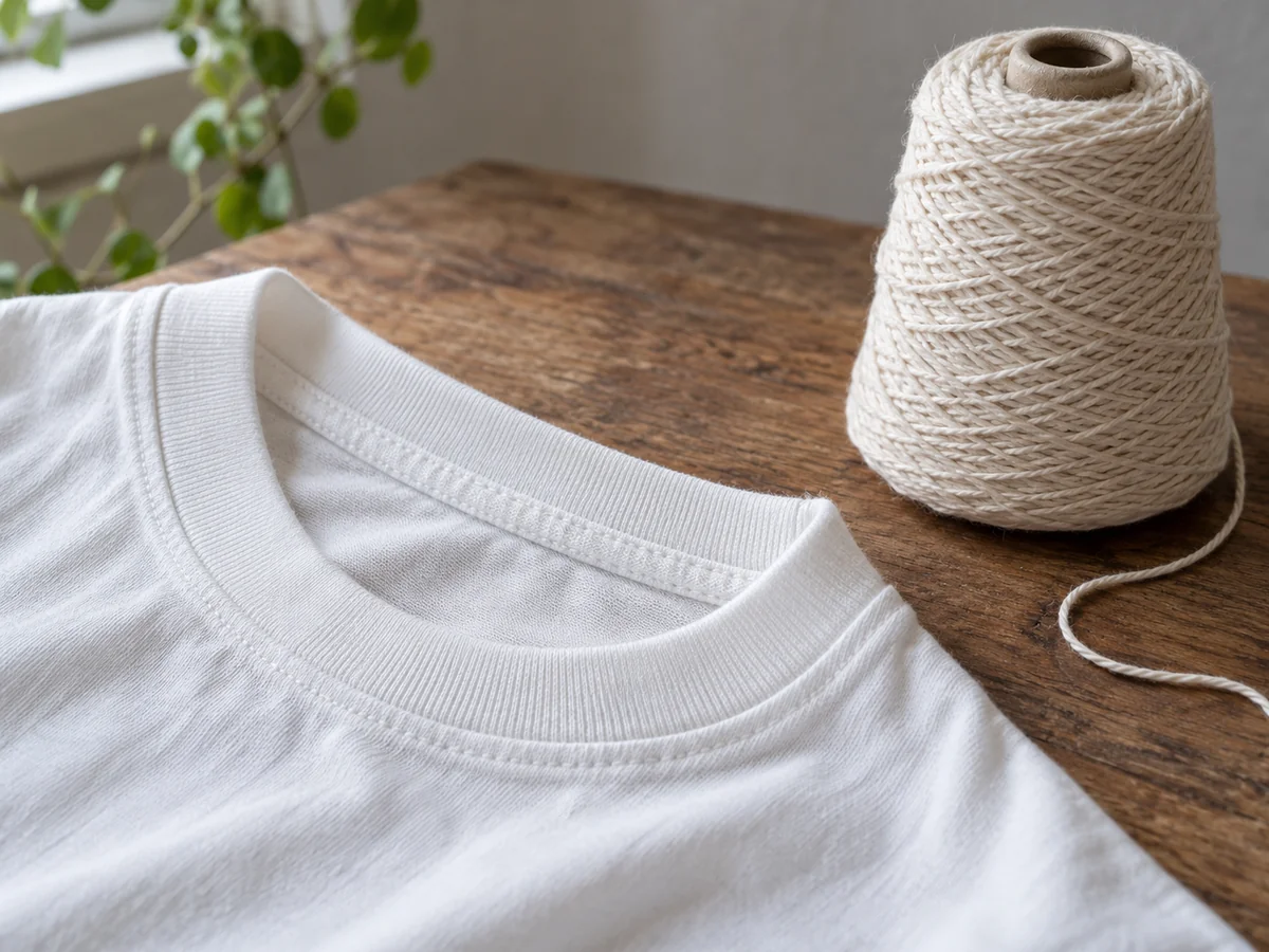 A plain cotton T-shirt collar beside a small cone of twisted cotton yarn, showing knitted fabric texture and yarn twist.