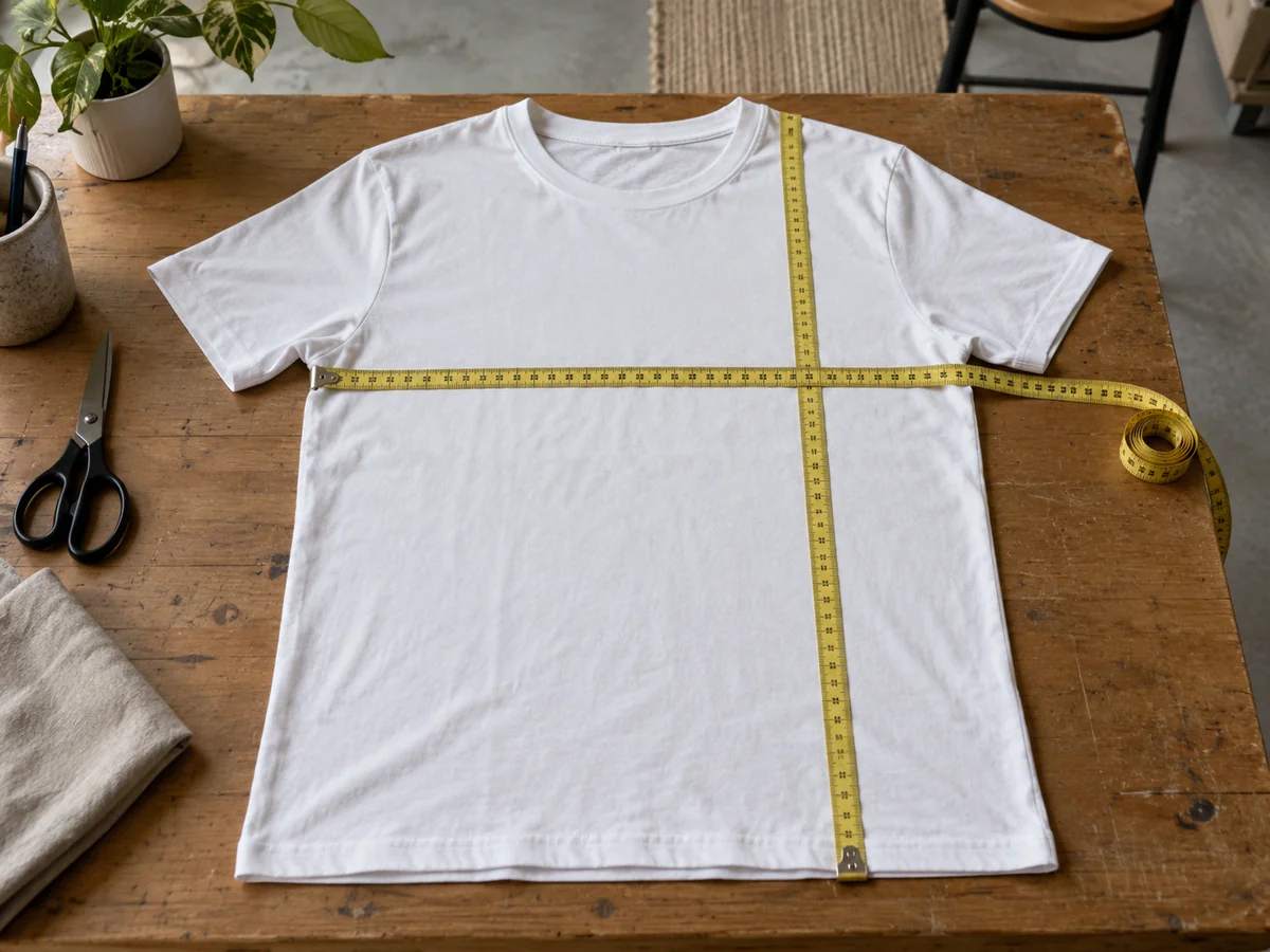 A plain T-shirt laid flat on a cutting table with cloth measuring tapes across chest and vertically along body, no written chart.