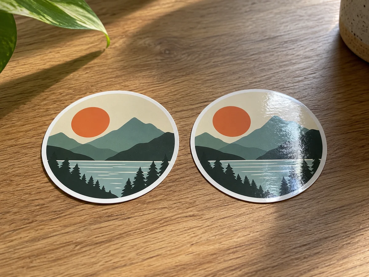 Two identical original geometric stickers side by side in raking light, one matte and one shiny gloss, reflected highlights only on gloss.