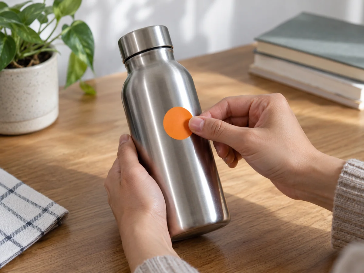 Hands applying a simple original orange circle sticker onto a clean dry smooth unbranded metal bottle, flat contact surface visible.