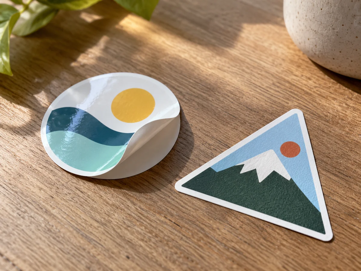 Two original simple geometric stickers, one flexible glossy vinyl partly peeled from backing and one matte paper sticker, close-up edges visible.