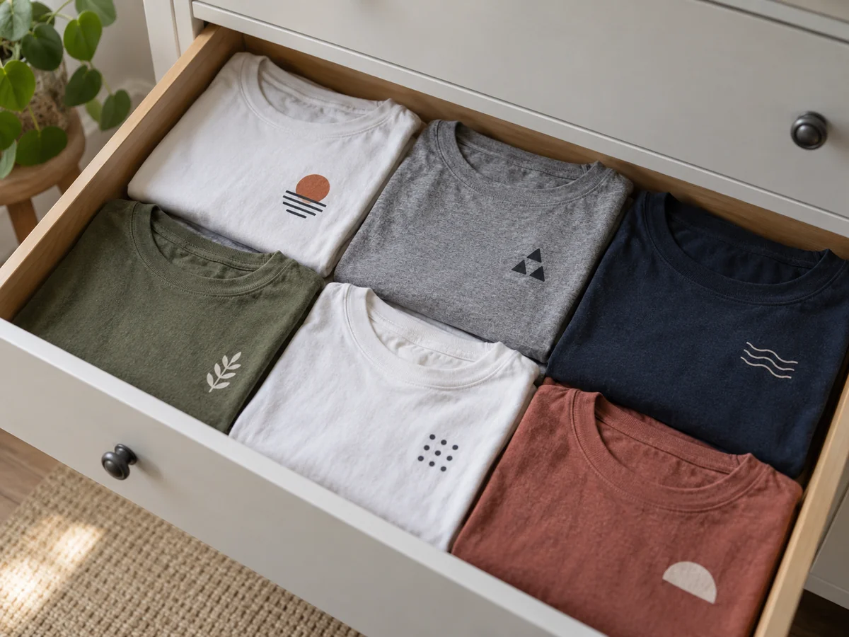 Neatly folded completely dry T-shirts with small original geometric prints in a clean drawer, prints relaxed without tight creases.