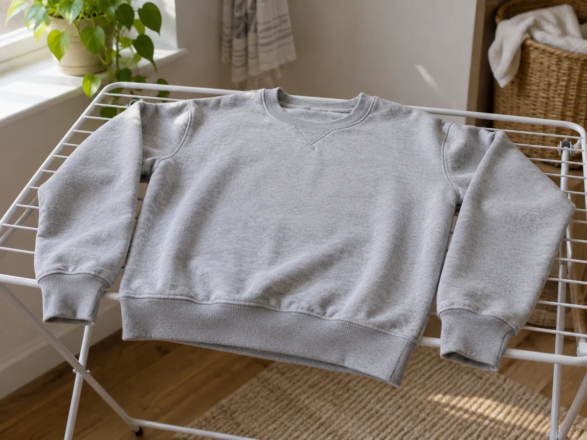 A plain sweatshirt laid flat on a drying rack with rib cuffs supported and unstretched, sleeves arranged naturally.