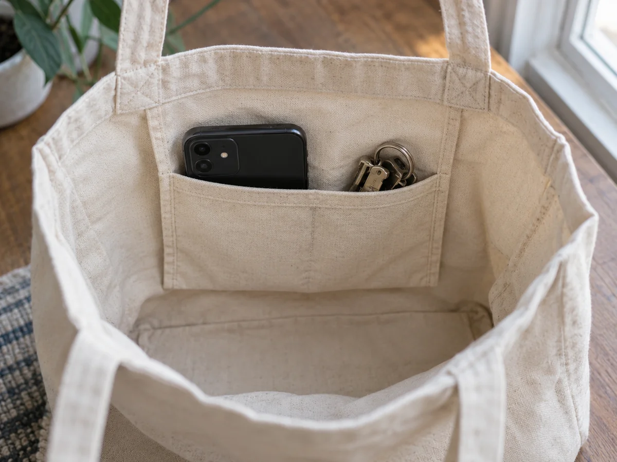 Inside view of a plain tote held open, a single useful inner pocket containing a phone and keys, entire pocket visible.