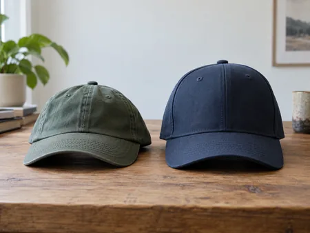 Two unbranded baseball caps side by side at eye level, one low-profile shallow crown and one taller structured crown.