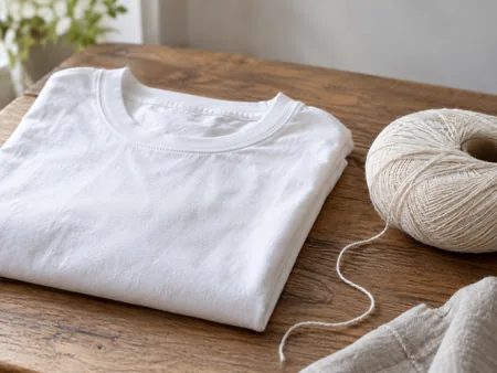 A smooth plain cotton T-shirt folded beside a close-up loose edge of fine cotton yarn, quiet neutral still life, no claimed laboratory proof.