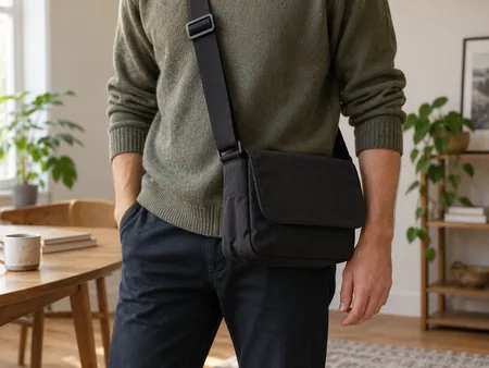 A faceless torso wearing a simple crossbody bag at hip height, broad strap and adjustment buckle clearly visible, no brands.