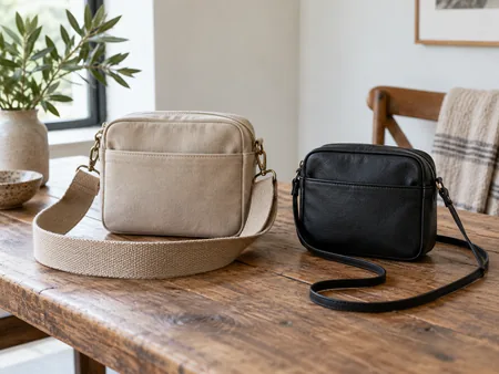 Two simple unbranded crossbody bags side by side, one with a broad woven strap and one with a narrow strap, straps fully visible.