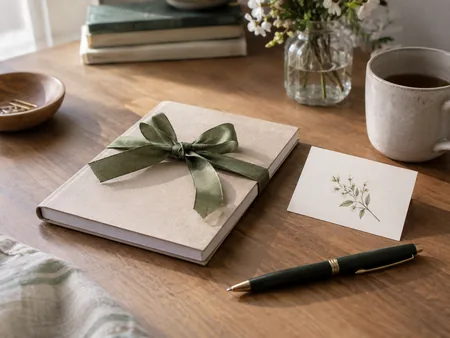 A simple notebook tied with ribbon beside a small handwritten gift card and pen on an ordinary desk, quiet thoughtful presentation, no readable text.