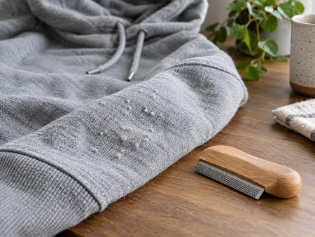 Close-up of a grey hoodie fabric with small pills beside a gentle fabric comb resting on the table, no razors.