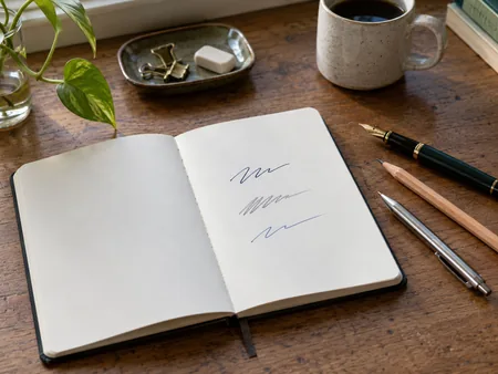 An open plain notebook with several short ink strokes from a fountain pen, pencil and ballpoint beside the page, no readable writing.