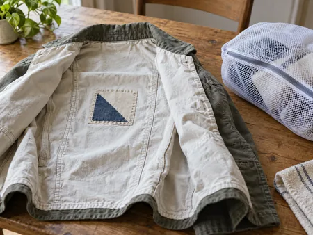 A plain cotton jacket with original simple sewn geometric patch turned inside out beside a mesh laundry bag, patch stitching visible.