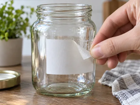 Fingers slowly peeling the corner of a plain paper sticker from a smooth glass jar, angle close to the surface, no harsh tools.