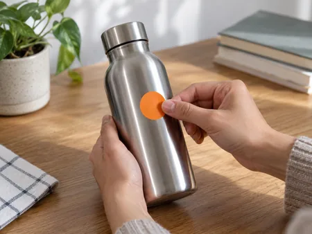 Hands applying a simple original orange circle sticker onto a clean dry smooth unbranded metal bottle, flat contact surface visible.
