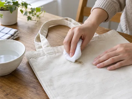 Hands gently dabbing a small mark on a plain canvas tote with a clean lightly damp white cloth, no soaking or harsh scrubbing.